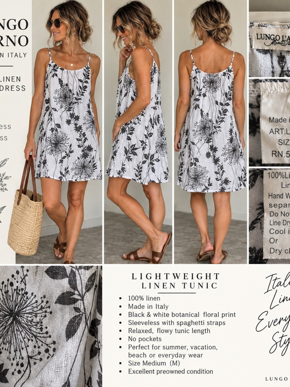 Lungo L'Arno Black & White Floral Linen Spaghetti-Strap Mini Dress